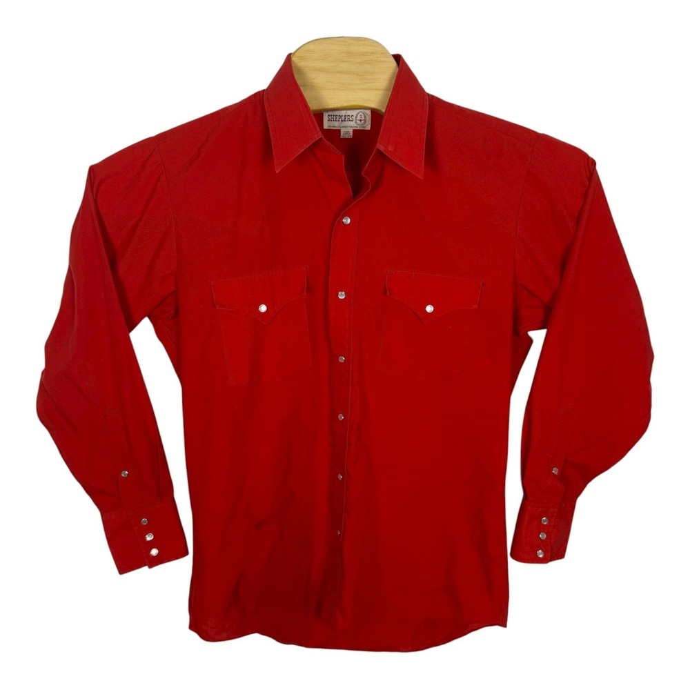 Vintage Sheplers Western Shirt Red Pearl Snap Button Small Cotton Cowboy Rodeo